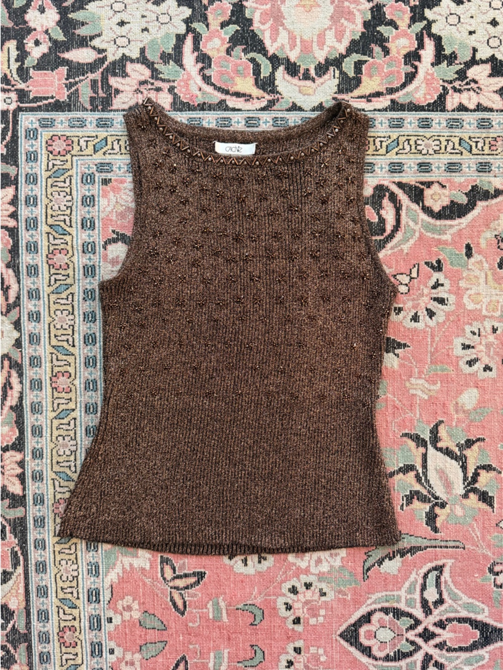 Cache Metallic Brown Beaded Knit Tank